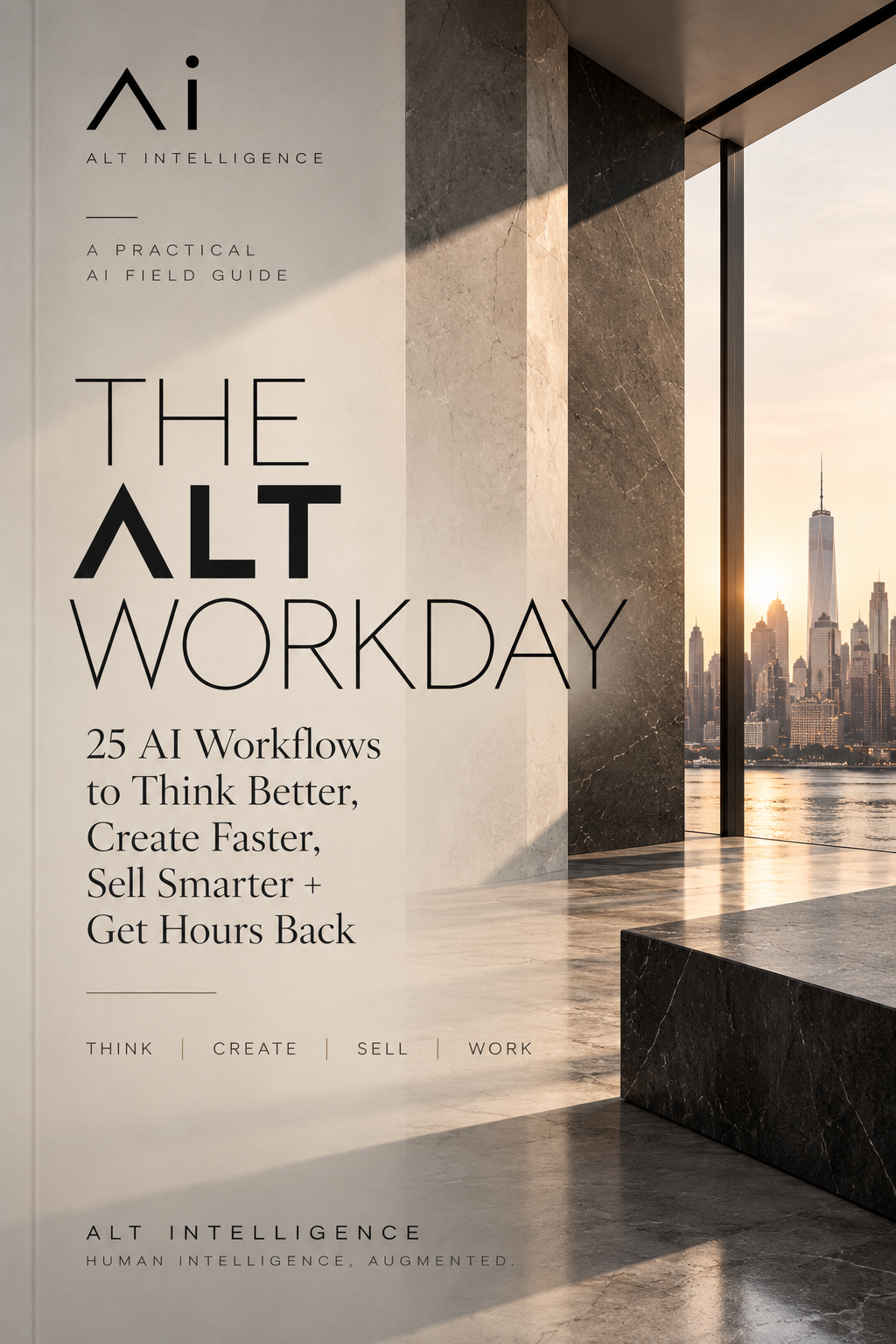 Cover of The ALT Workday — A Practical AI Field Guide, set in a sunlit architectural interior overlooking a city skyline