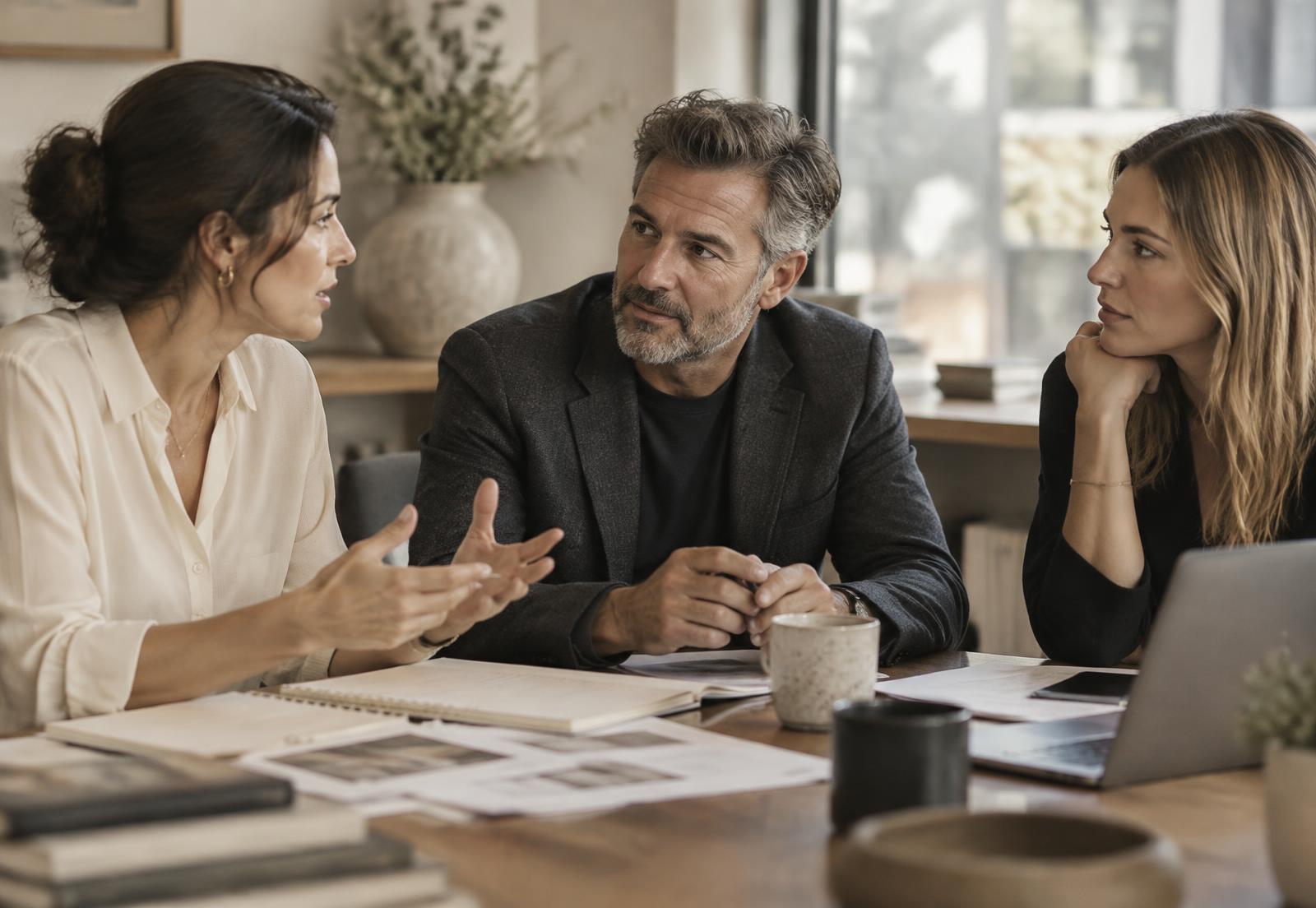 Three colleagues discussing printed work together at a table