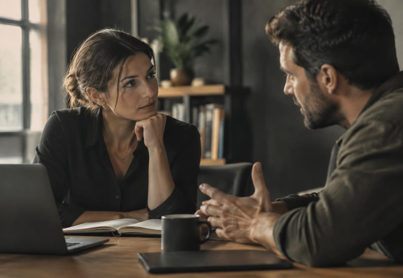 Two colleagues in focused conversation at a work table