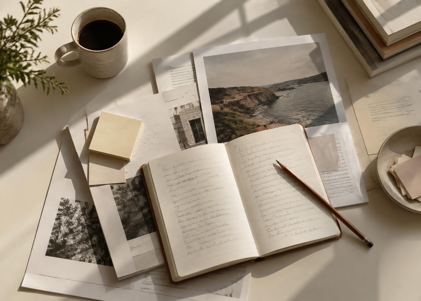 Layered documents, a handwritten notebook and notes on a sunlit desk
