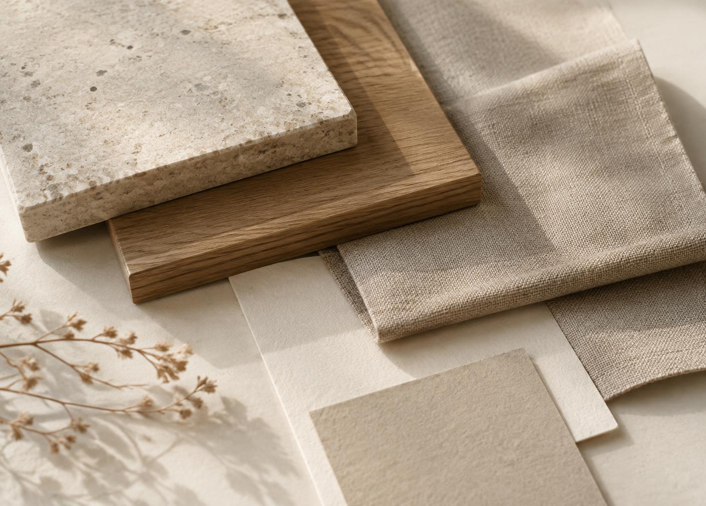 Stone, oak, linen and paper samples arranged on a desk